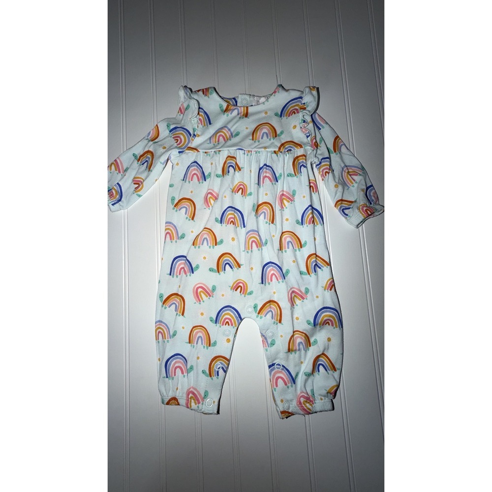 Angel Dear Baby Girl Rainbow Turtle Ruffle Romper White 0-3M One Piece